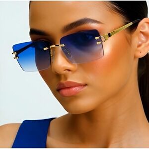 Blue Lens Gradient Sunglasses Gold Metal Frame Women Sun Protection Gafas Lentes